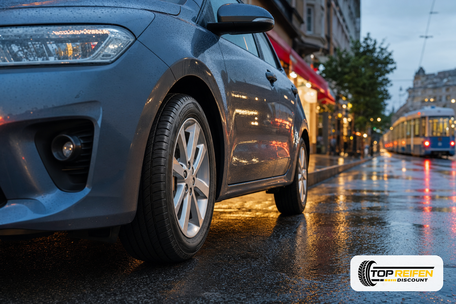 NORDEXX NS3100 185/60 R14 im Abendlicht einer nassen Stadtstraße an einem Kompaktwagen, Fokus auf Profil und Seitenwand