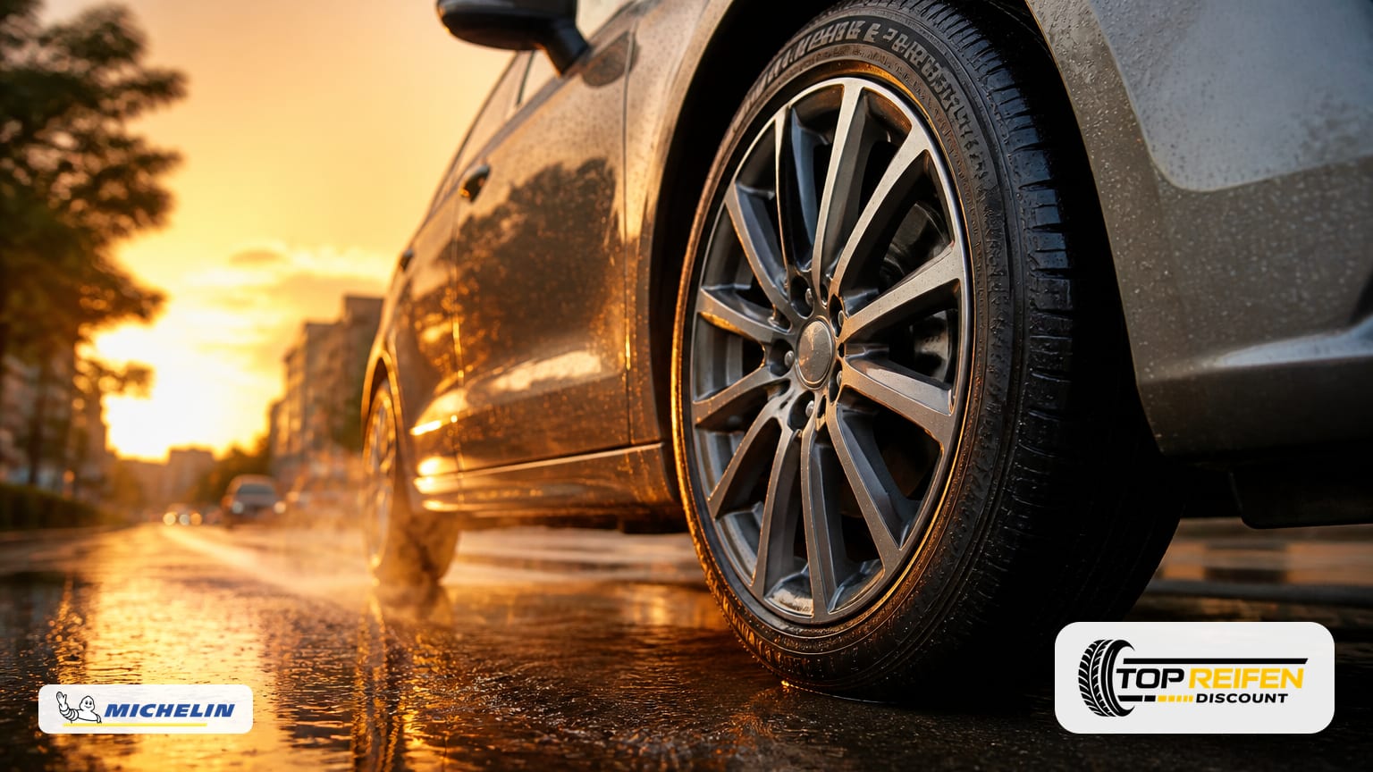 Low-Angle-Aufnahme auf Straßenhöhe neben dem Vorderrad: PKW mit MICHELIN E-PRIM 175/65 R17 Sommerreifen, nasser Asphalt im Abendlicht, dynamische Perspektive.