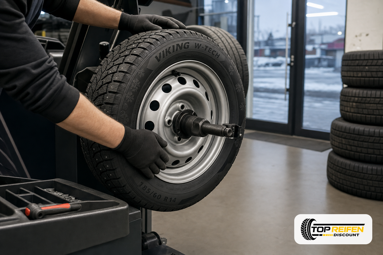 Techniker montiert einen VIKING W-TECH 185/60 R14 Winterreifen in einer modernen, gut beleuchteten Werkstatt; Seitenwand und Profil sind klar erkennbar.