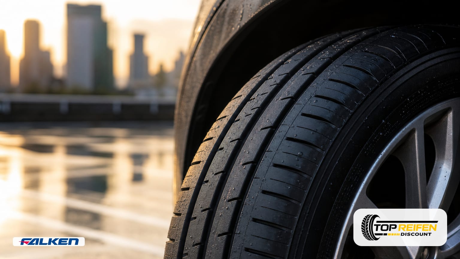 Extreme Nahaufnahme des FALKEN SN110A 175/65 R17 Sommerreifens auf einem Parkdeck nach leichtem Sommerregen, mit warmem Morgenlicht und feiner Profilstruktur.