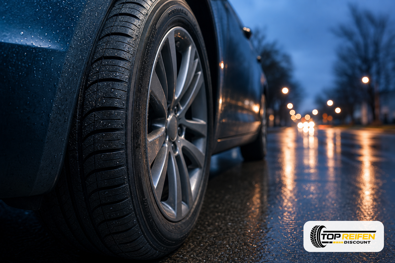 Extremes Makro des NOKIAN WE-PR1 205/55 R16: Profil und Seitenwand mit Wassertropfen auf nasser Sommerfahrbahn bei Dämmerung.