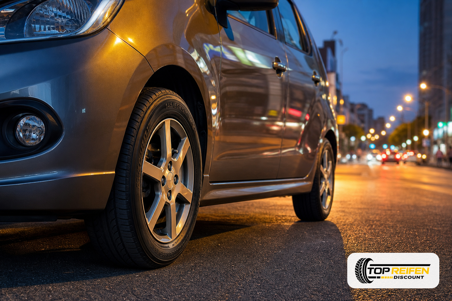 TOYO NANO-3 145/65 R15 on a parked car under evening city lights, close-up of the front wheel on dry asphalt