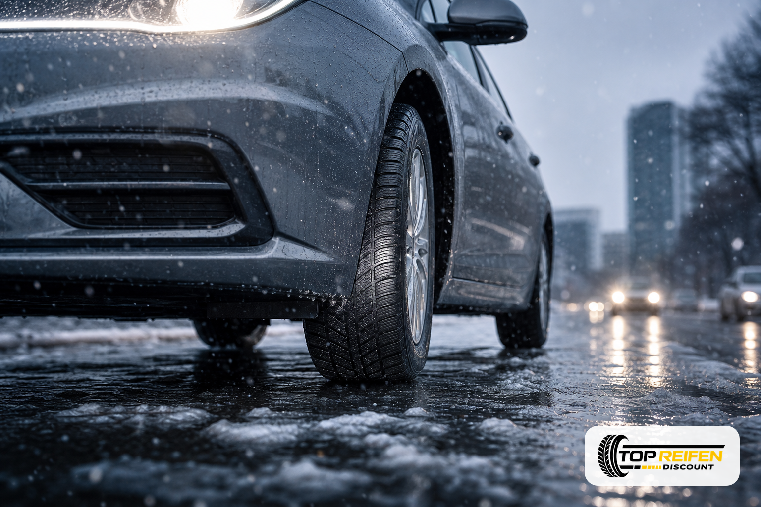 Niedrige Weitwinkelaufnahme auf Straßenhöhe neben dem Vorderrad eines PKW mit WINDFORCE WINDFOR. BLAZER 205/55 R16; nasse Winterstraße mit Schneematsch, leichte Schneeflocken.