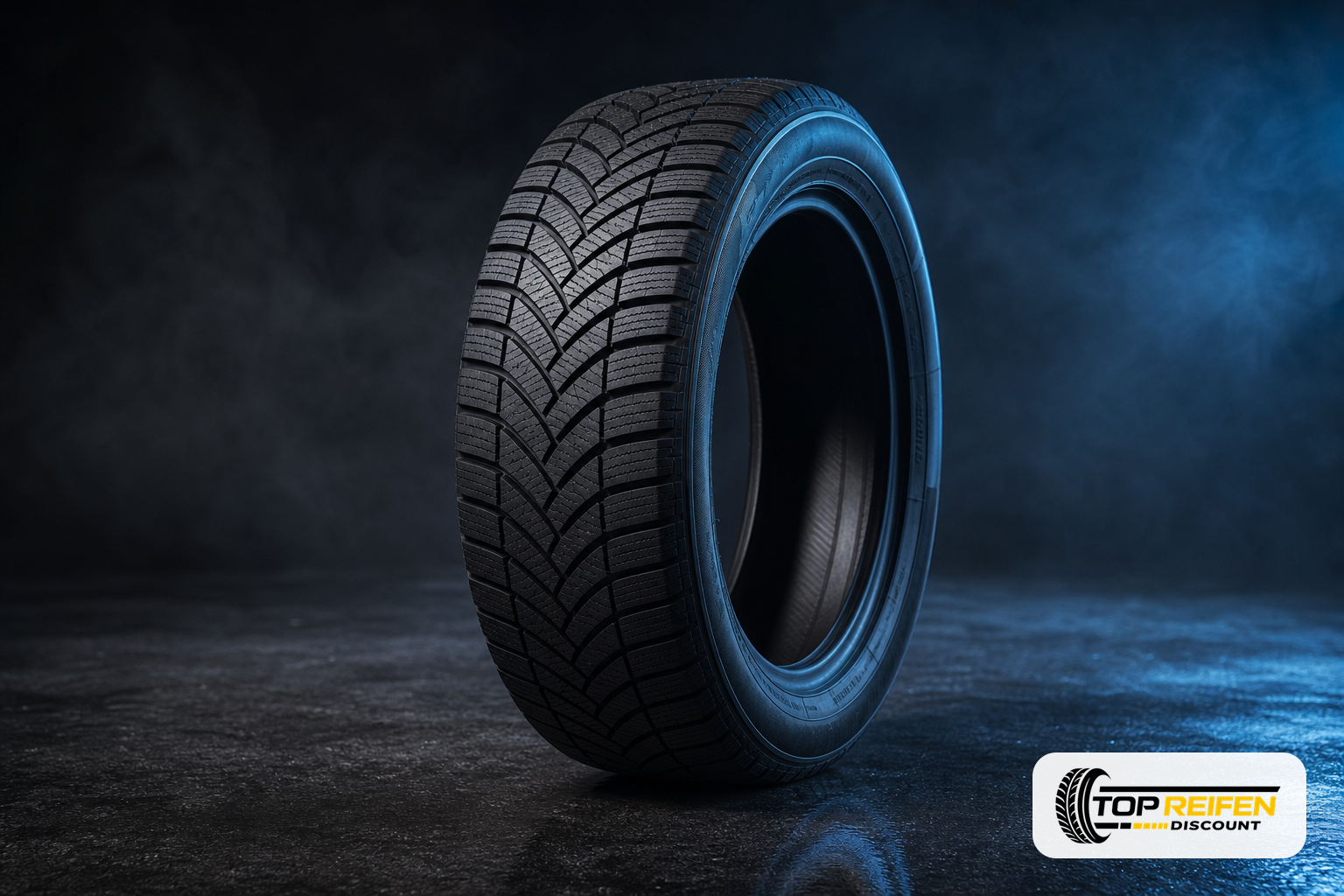Studio still life of a NEXEN WI-SP2 235/55 R18 winter tyre on a dark reflective surface with cool rim lighting highlighting the sipes and shoulder grooves.